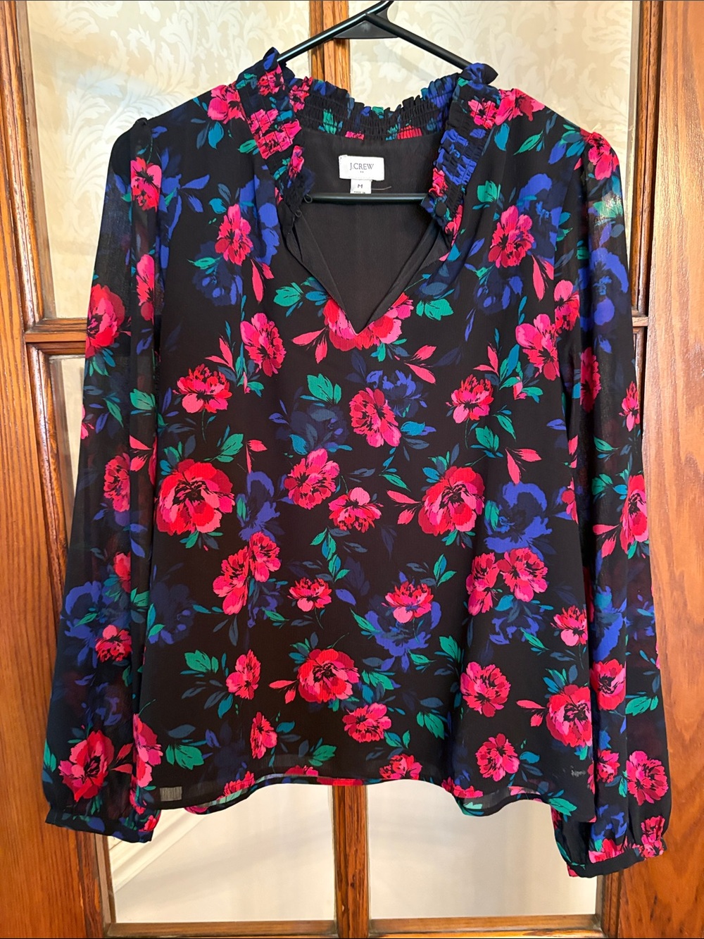 J. Crew Black Floral V-Neck Ruffle Blouse